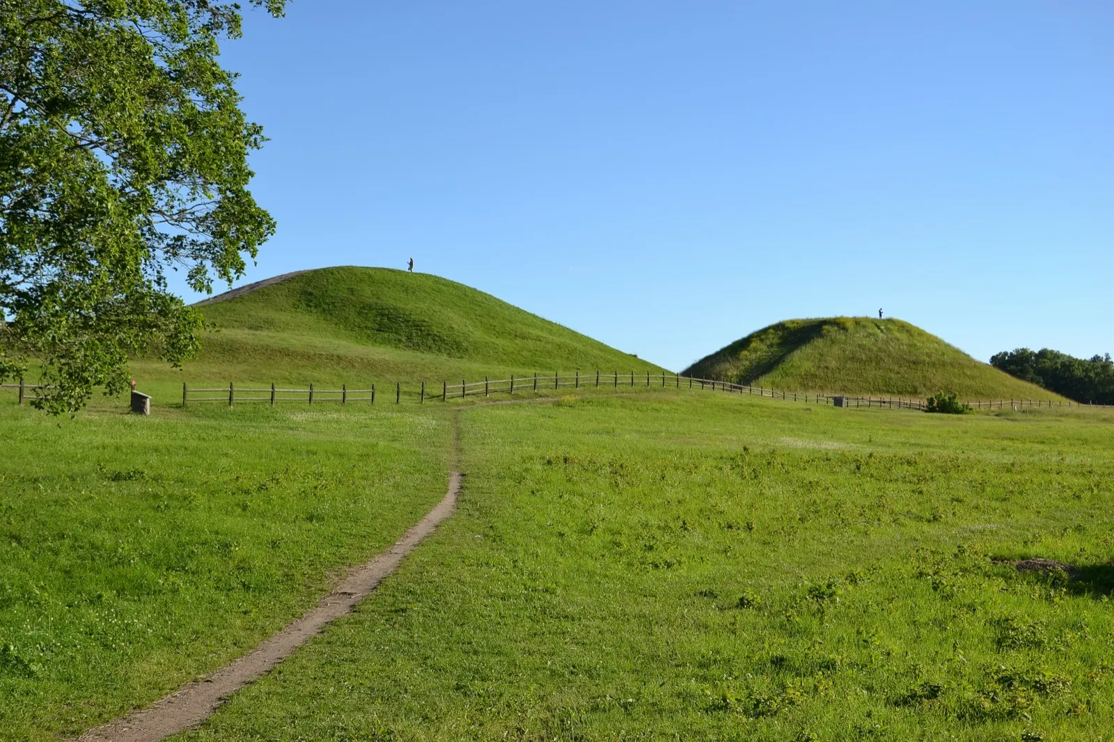 Two large grass-covered royal burial mounds under a clear blue sky, a dirt path and a wooden fence leading toward them